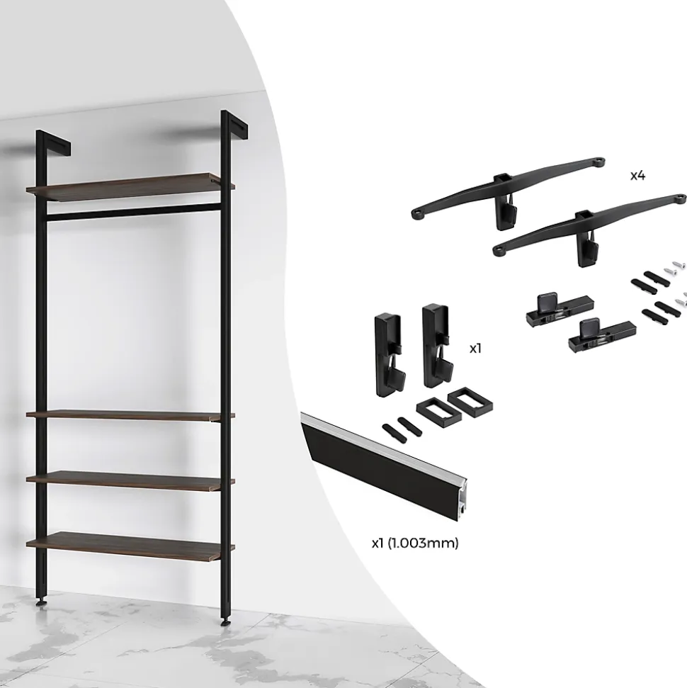 Emuca Kit de fixation pour 4 étagères en bois et 1 tringle de suspension de 1m de long Noir, Aluminium et Zamak et Plastique,
