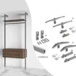 Emuca Kit de fixation pour 1 étagère en bois, 1 module et 1 tringle de suspension longueur 1m Zero, Zamak, Gris pierre peint