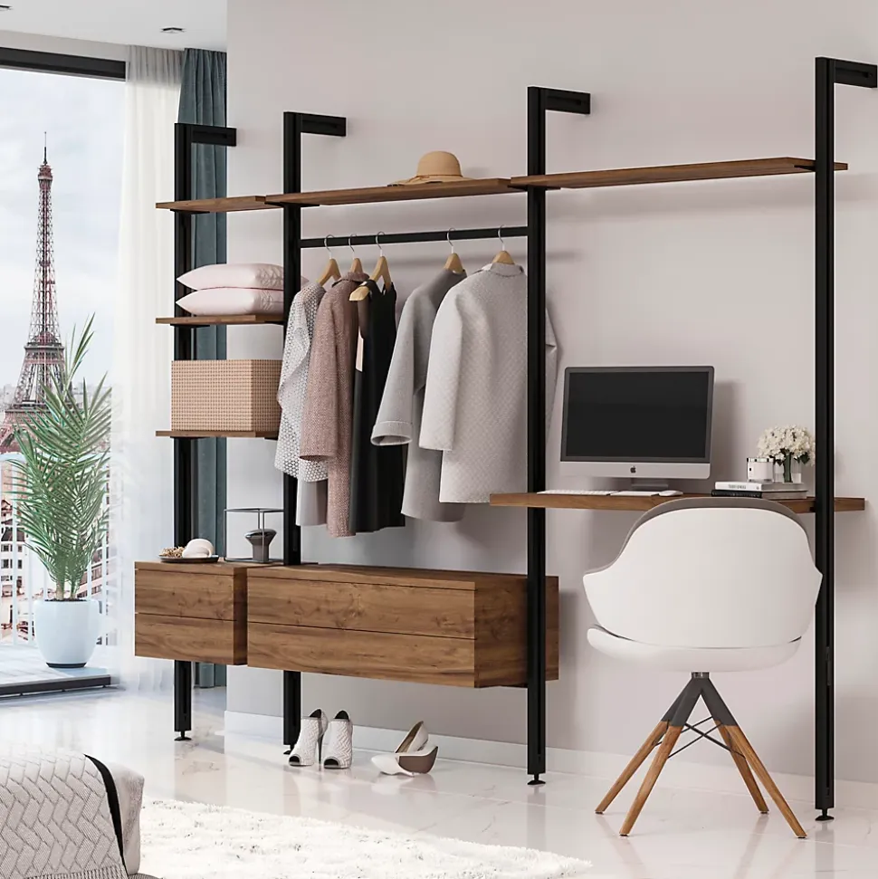 Emuca Kit de fixation pour 1 étagère en bois, 1 module et 1 tringle de suspension, longueur 1m Zero, Zamak, Peint en noir texturé