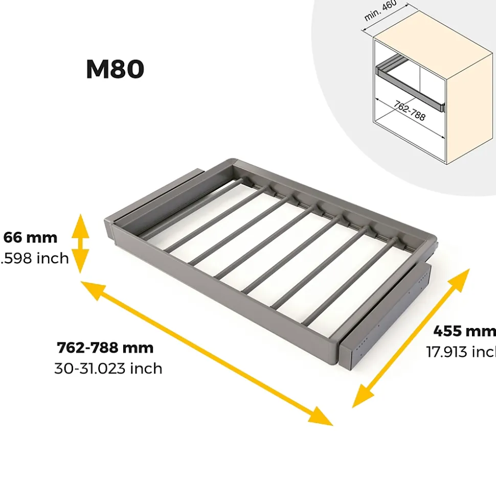 Emuca Kit de porte-pantalon à 7tringles et rack ajustable Quartz pour armoires, glissières extension totale et à fermeture douce,