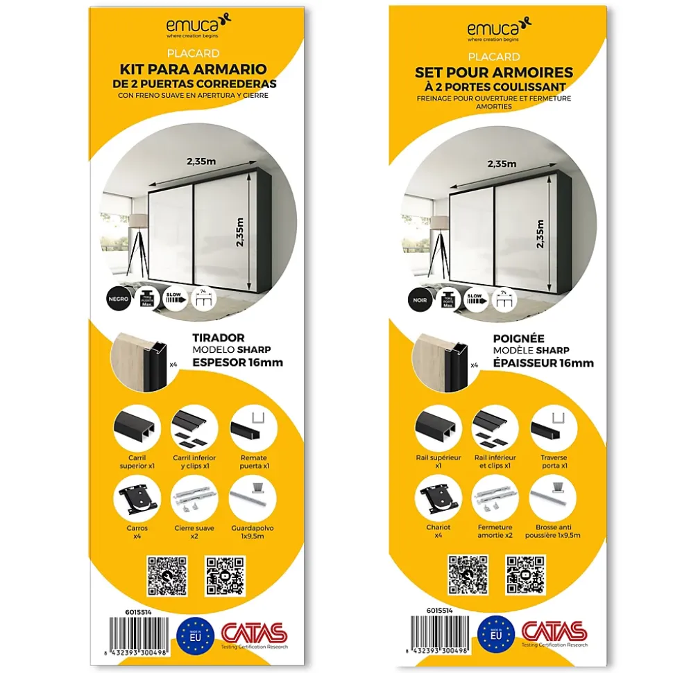 Emuca Kit de quincaillerie pour armoire à 2 portes coulissantes avec fermeture souple Placard 74, Modèle de poignée Sharp,