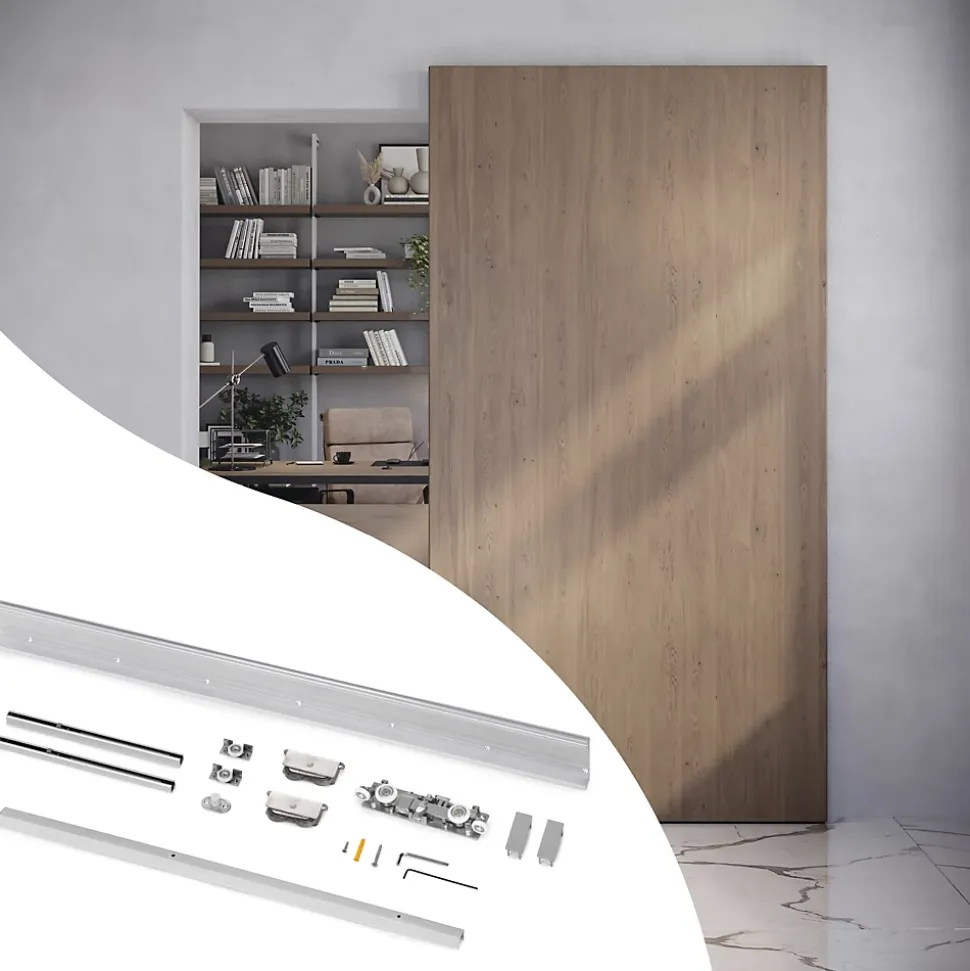Emuca Kit de quincaillerie pour porte coulissante en bois Wall à fermeture souple, Acier et Aluminium et Plastique