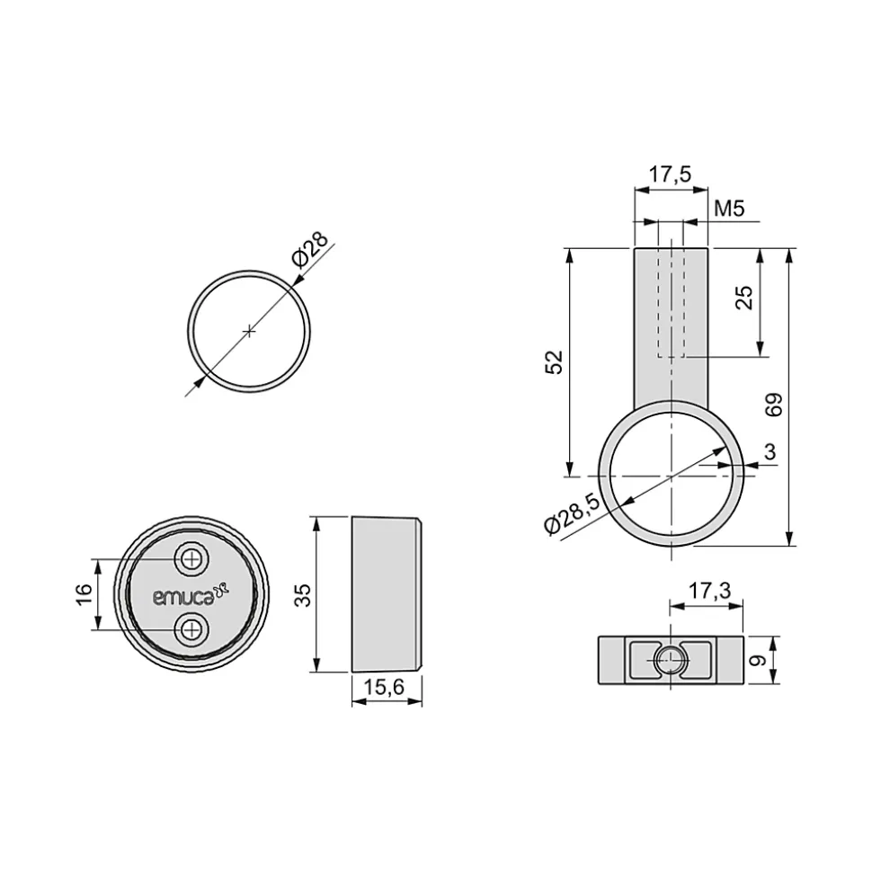 Emuca Lot de 2 rails ronds pour armoires D.28mm longueur 1.15m avec supports, Aluminium et Zamak, Anodisé mat