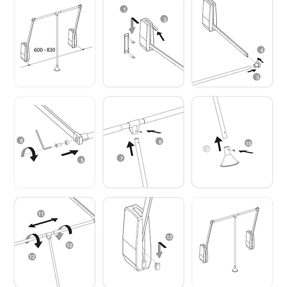 Emuca Penderie rabattable pour armoire Hang mural, 600-830mm, Acier et Plastique, Peint en noir