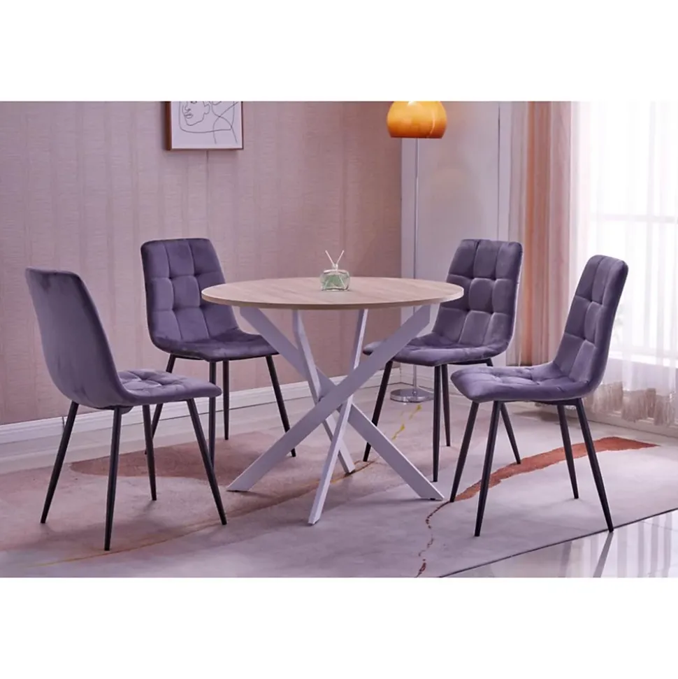 Ensemble 4 chaises et table ronde 90x77cm couleur chêne pieds blancs