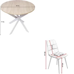 Ensemble 4 chaises et table ronde 90x77cm couleur chêne pieds blancs