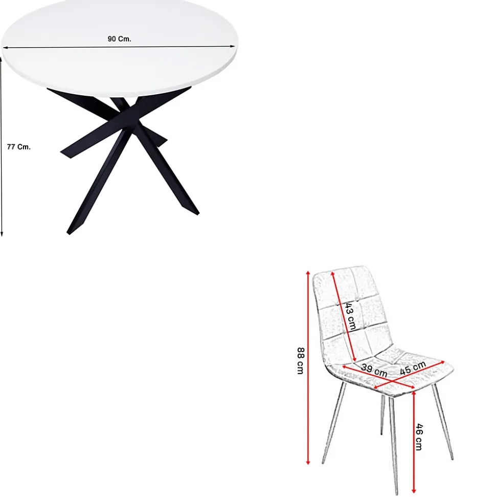 Ensemble 4 chaises et table ronde 90x77cm couleur blanc mat Pieds noir