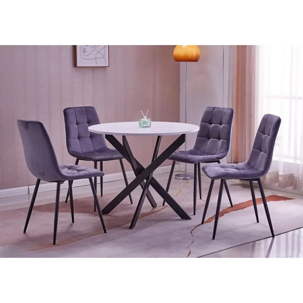 Ensemble 4 chaises et table ronde 90x77cm couleur blanc mat Pieds noir