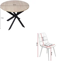 Ensemble 4 chaises et table ronde 90x77cm couleur chêne Pieds noir