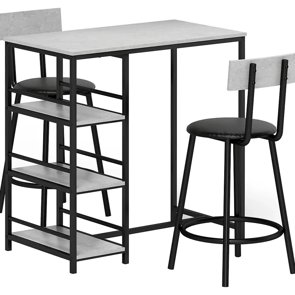Ensemble 3 pièces table de bar 2 tabourets - 3 étagères intégrées - acier noir effet béton ciré