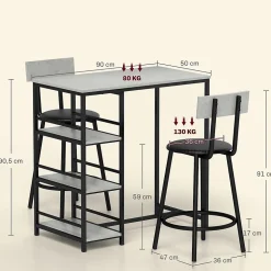 Ensemble 3 pièces table de bar 2 tabourets - 3 étagères intégrées - acier noir effet béton ciré