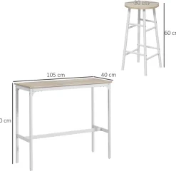 Ensemble 2 places 3 pièces design contemporain - table de bar, 2 tabourets de bar - acier blanc aspect bois blanc