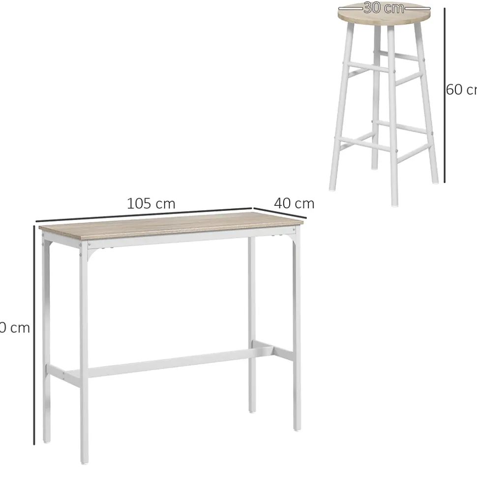 Ensemble 2 places 3 pièces design contemporain - table de bar, 2 tabourets de bar - acier blanc aspect bois blanc