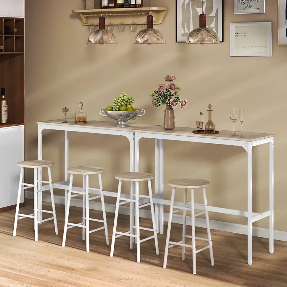 Ensemble 2 places 3 pièces design contemporain - table de bar, 2 tabourets de bar - acier blanc aspect bois blanc