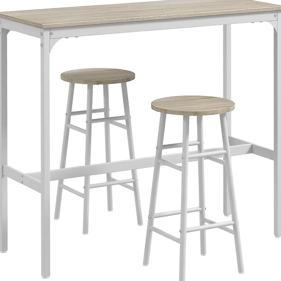Ensemble 2 places 3 pièces design contemporain - table de bar, 2 tabourets de bar - acier blanc aspect bois blanc