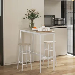 Ensemble 2 places 3 pièces design contemporain - table de bar, 2 tabourets de bar - acier blanc aspect bois blanc