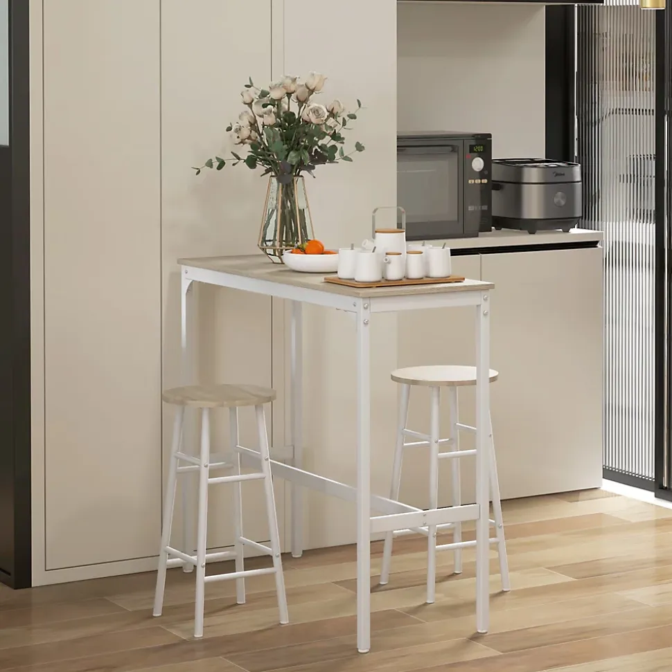 Ensemble 2 places 3 pièces design contemporain - table de bar, 2 tabourets de bar - acier blanc aspect bois blanc