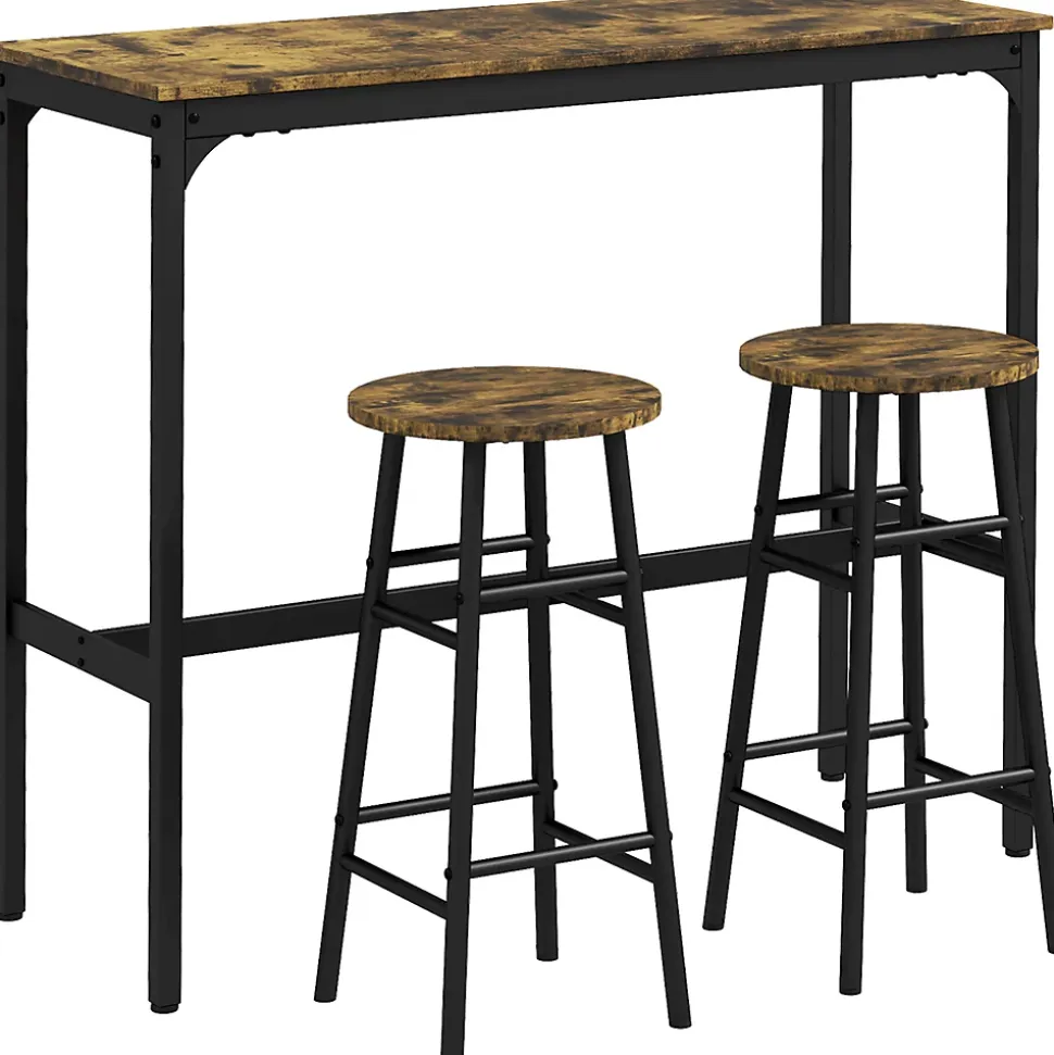 Ensemble 2 places 3 pièces design contemporain - table de bar, 2 tabourets de bar - acier noir aspect bois vieilli