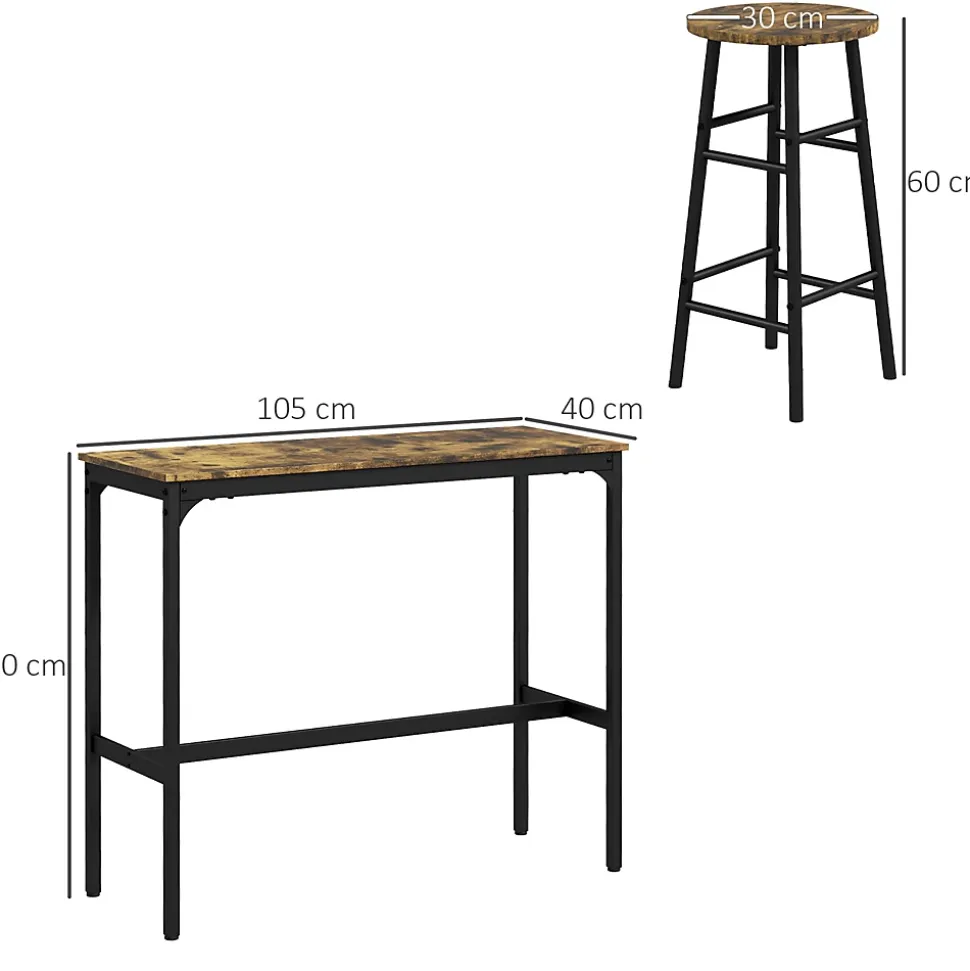 Ensemble 2 places 3 pièces design contemporain - table de bar, 2 tabourets de bar - acier noir aspect bois vieilli