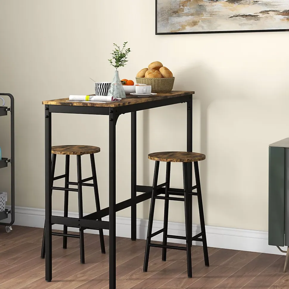 Ensemble 2 places 3 pièces design contemporain - table de bar, 2 tabourets de bar - acier noir aspect bois vieilli