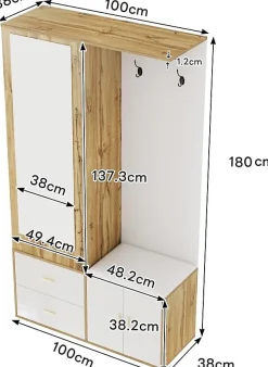 Ensemble armoire blanc et bois, miroir, meuble à chaussures, banc avec porte-manteaux