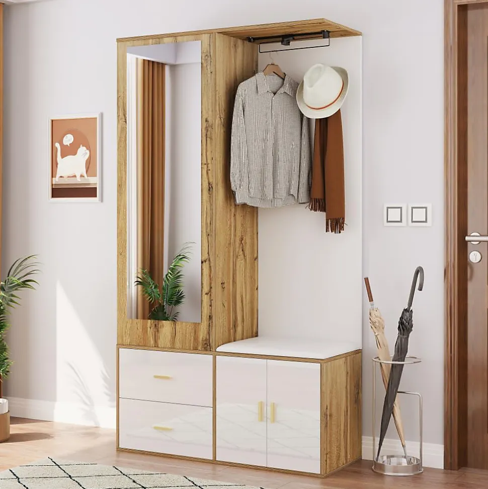 Ensemble armoire blanc et bois, miroir, meuble à chaussures, banc avec porte-manteaux