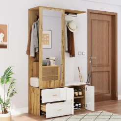 Ensemble armoire blanc et bois, miroir, meuble à chaussures, banc avec porte-manteaux