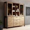 Ensemble buffet et huche avec éclairage LED collection TIVORA. Meuble 4 portes, 3 tiroirs. Couleur chene et noir