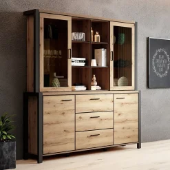 Ensemble buffet et huche avec éclairage LED collection TIVORA. Meuble 4 portes, 3 tiroirs. Couleur chene et noir