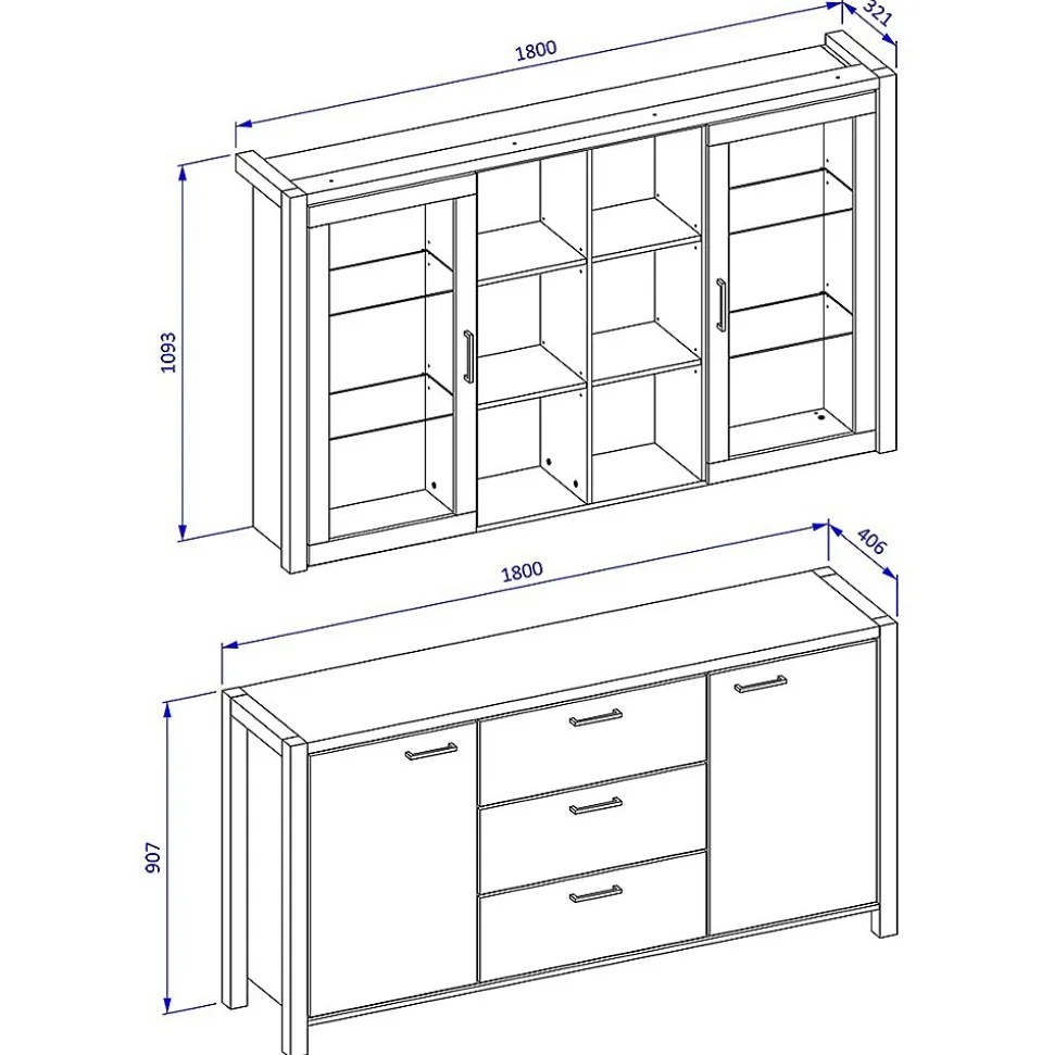 Ensemble buffet et huche avec éclairage LED collection TIVORA. Meuble 4 portes, 3 tiroirs. Couleur chene et noir