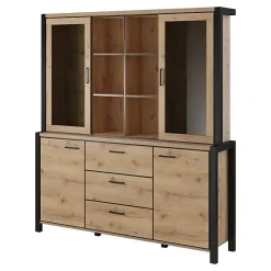 Ensemble buffet et huche avec éclairage LED collection TIVORA. Meuble 4 portes, 3 tiroirs. Couleur chene et noir