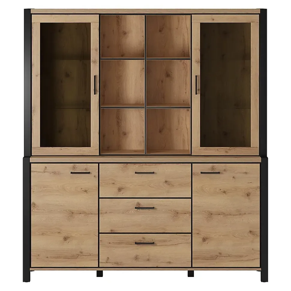 Ensemble buffet et huche avec éclairage LED collection TIVORA. Meuble 4 portes, 3 tiroirs. Couleur chene et noir