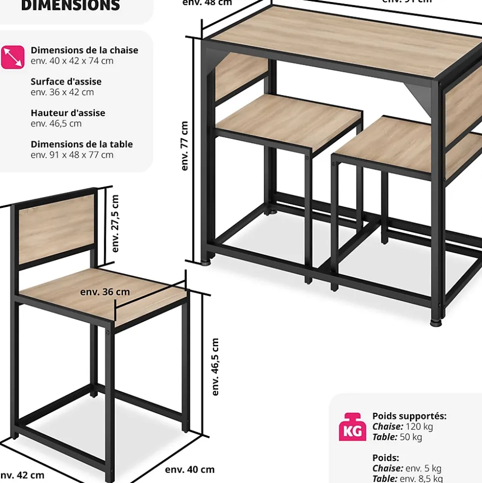 Ensemble chaises de salle à manger 3 pièces Bois et Acier Bois clair