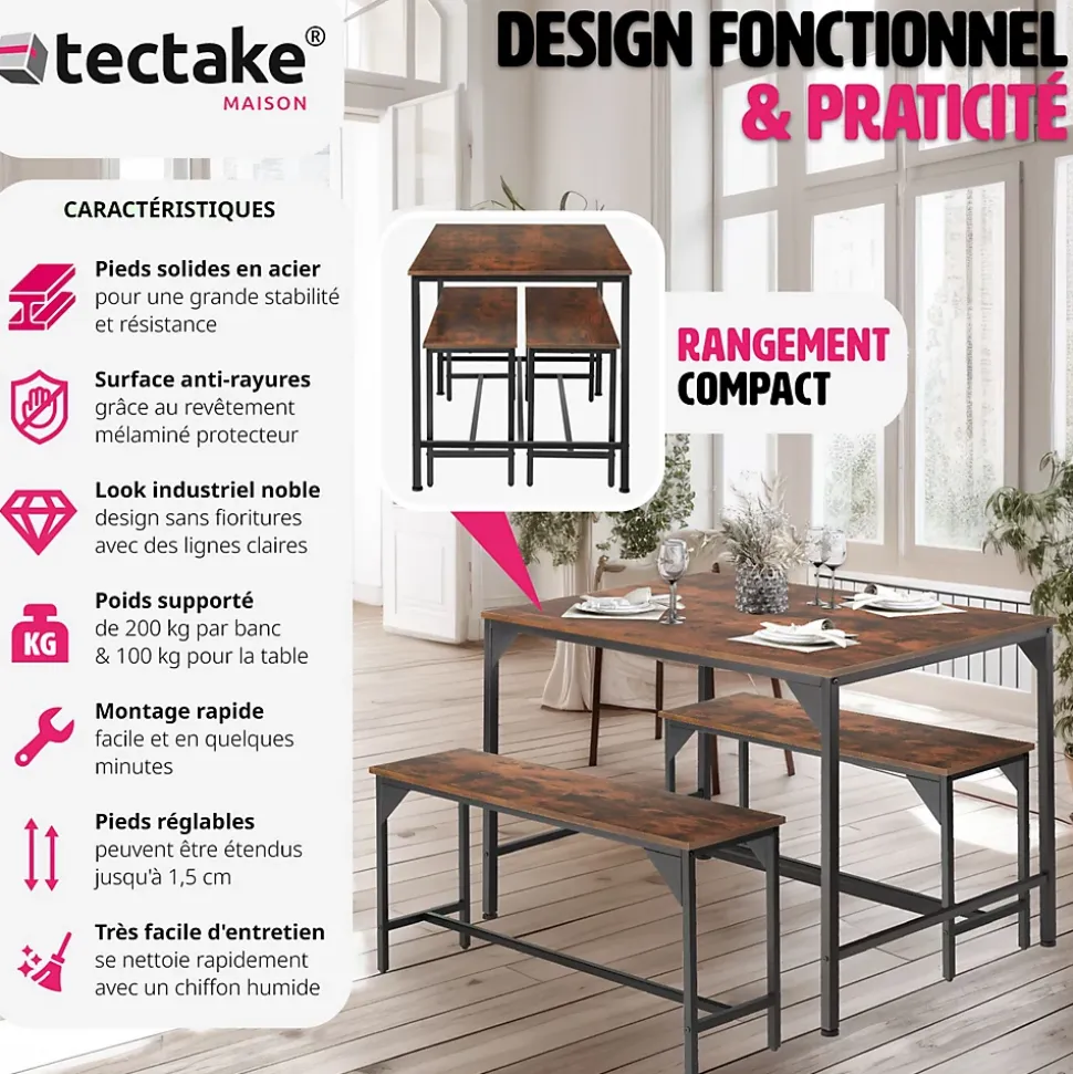 Ensemble chaises de salle à manger 3 pièces Bois et Acier Bois foncé