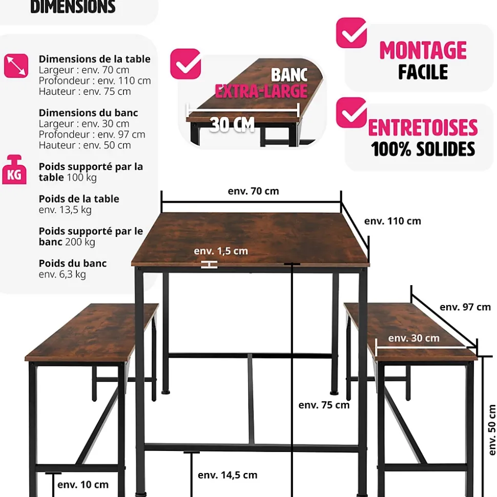 Ensemble chaises de salle à manger 3 pièces Bois et Acier Bois foncé