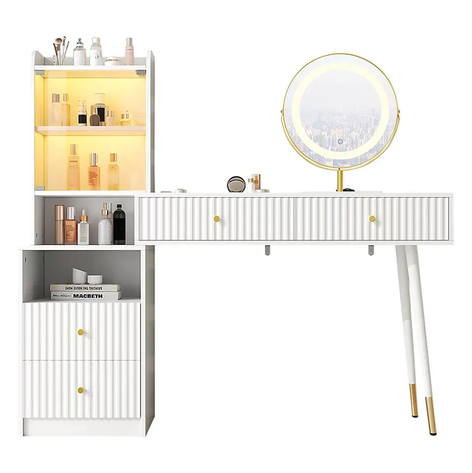 Ensemble coiffeuse avec miroir LED tricolore, armoire éclairée,100x40x125cm,blanc, quatre tiroirs, compartiment ouvert
