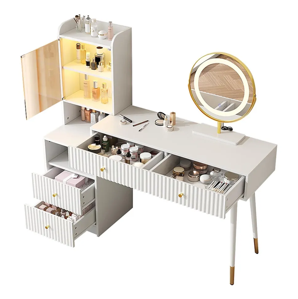 Ensemble coiffeuse avec miroir LED tricolore, armoire éclairée,100x40x125cm,blanc, quatre tiroirs, compartiment ouvert