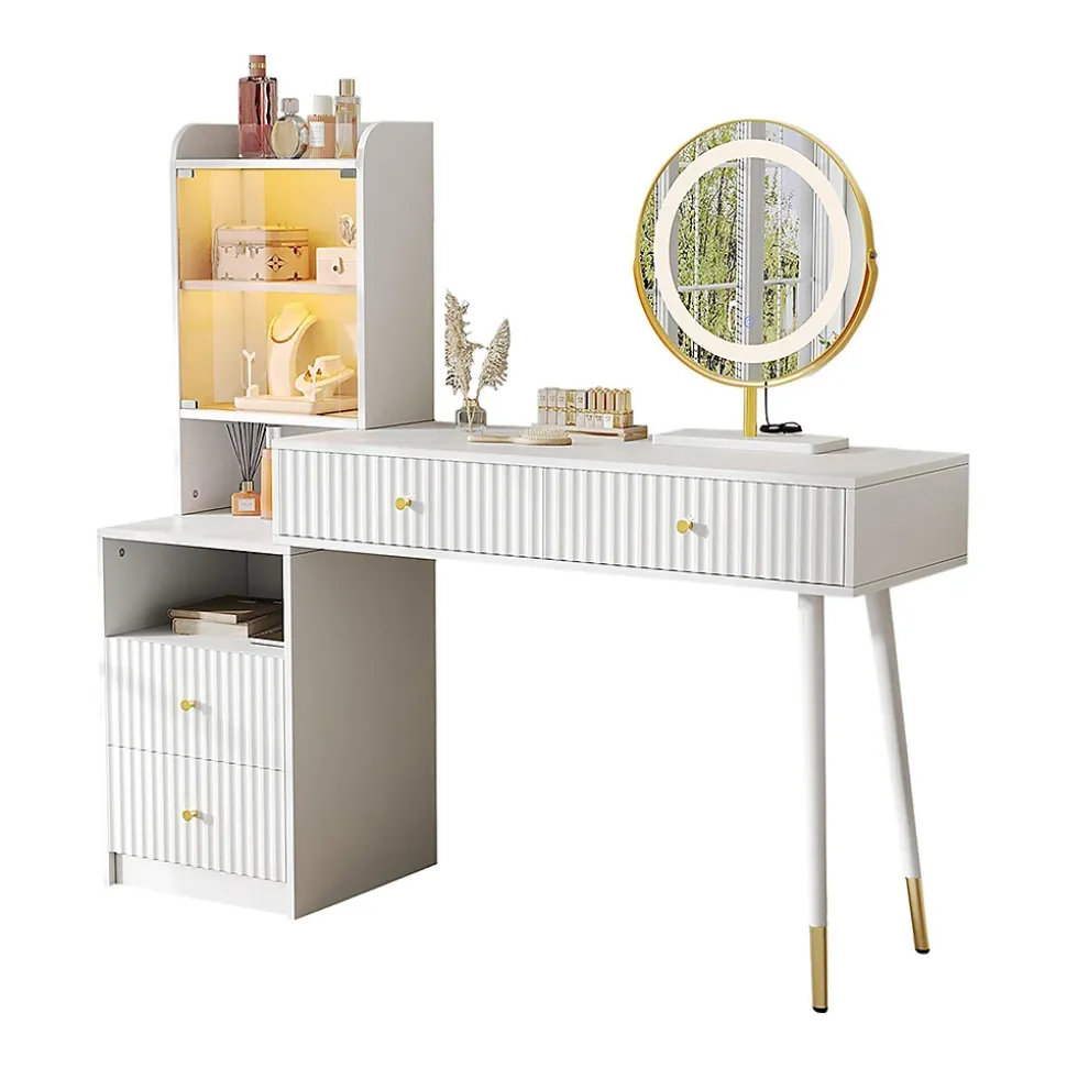 Ensemble coiffeuse avec miroir LED tricolore, armoire éclairée,100x40x125cm,blanc, quatre tiroirs, compartiment ouvert
