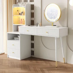 Ensemble coiffeuse avec miroir LED tricolore, armoire éclairée,100x40x125cm,blanc, quatre tiroirs, compartiment ouvert