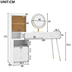 Ensemble coiffeuse avec miroir LED tricolore, armoire éclairée,100x40x125cm,blanc, quatre tiroirs, compartiment ouvert