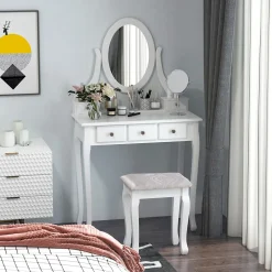Ensemble coiffeuse et tabouret style baroque 5 tiroirs miroir ovale pivotant MDF bois blanc