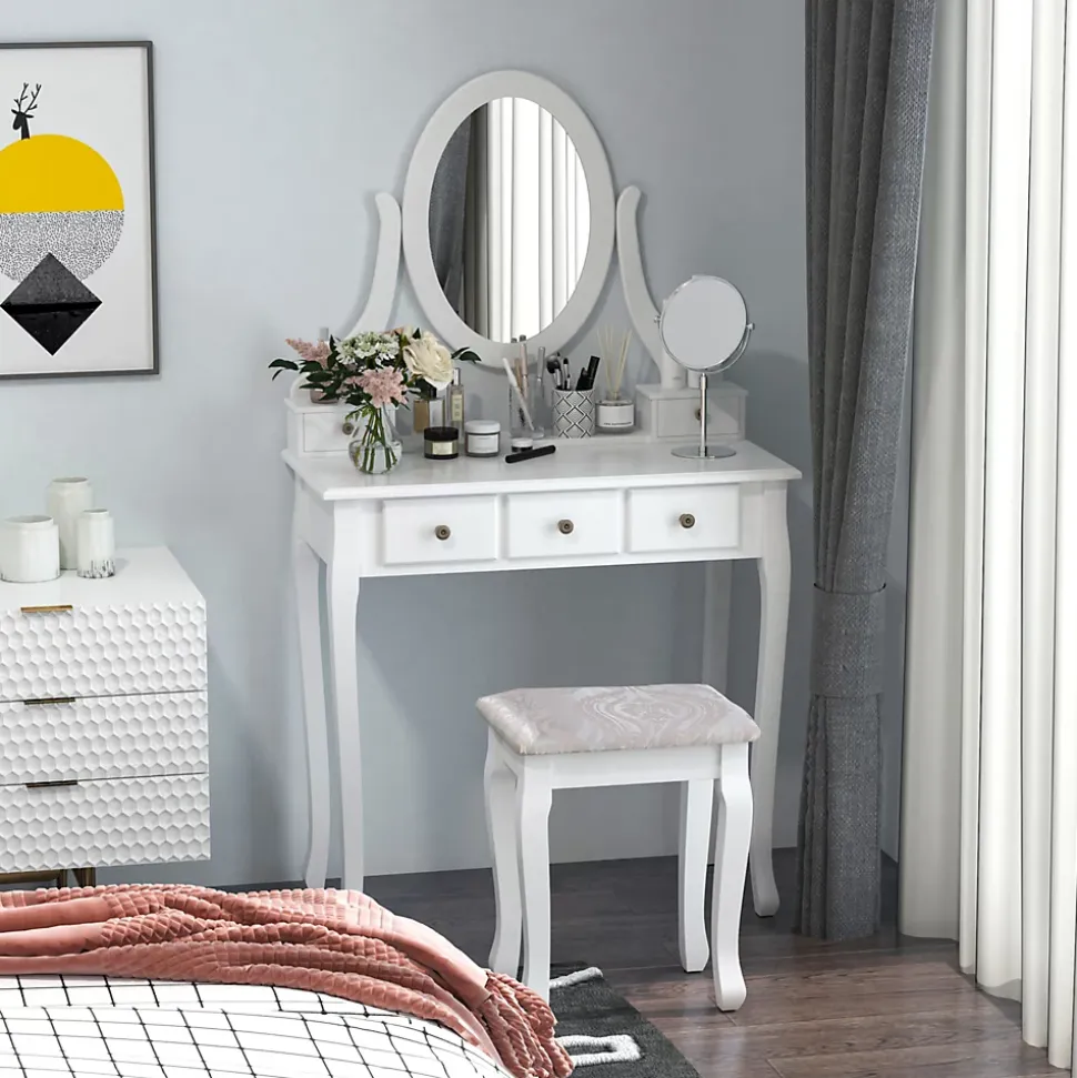 Ensemble coiffeuse et tabouret style baroque 5 tiroirs miroir ovale pivotant MDF bois blanc