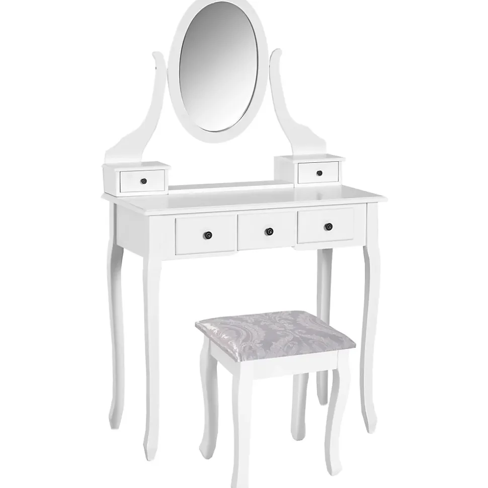 Ensemble coiffeuse et tabouret style baroque 5 tiroirs miroir ovale pivotant MDF bois blanc