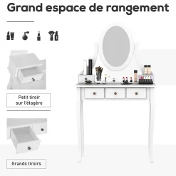 Ensemble coiffeuse et tabouret style baroque 5 tiroirs miroir ovale pivotant MDF bois blanc