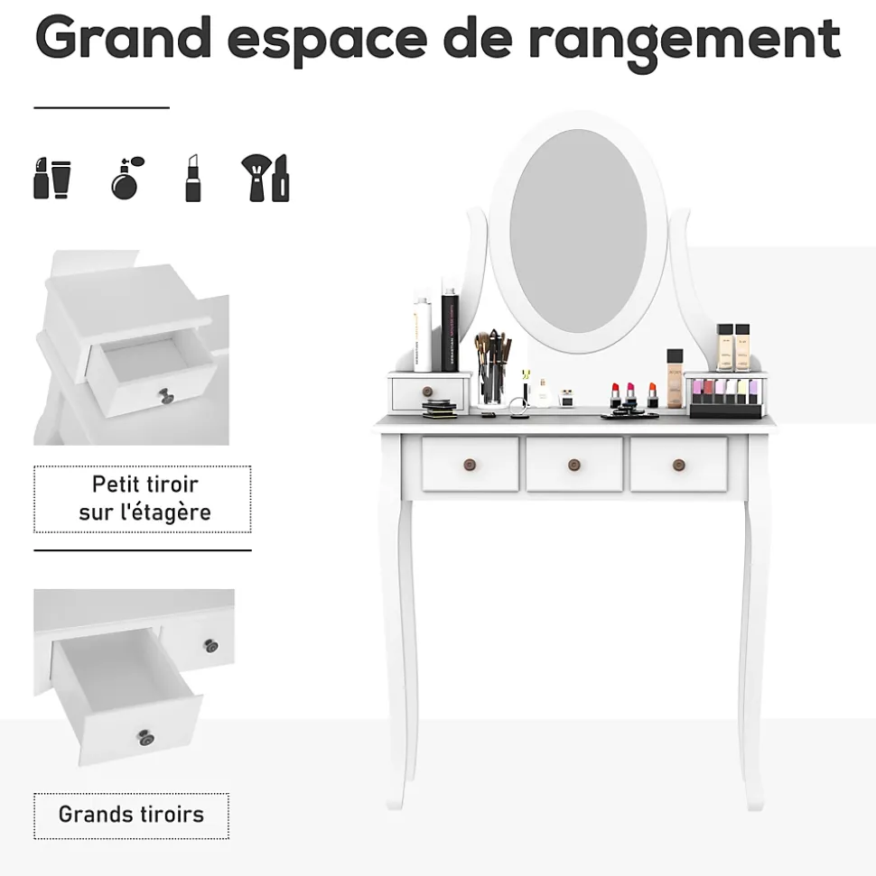 Ensemble coiffeuse et tabouret style baroque 5 tiroirs miroir ovale pivotant MDF bois blanc