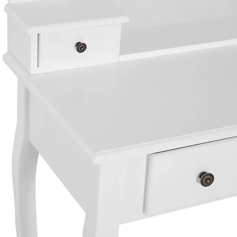 Ensemble coiffeuse et tabouret style baroque 5 tiroirs miroir ovale pivotant MDF bois blanc