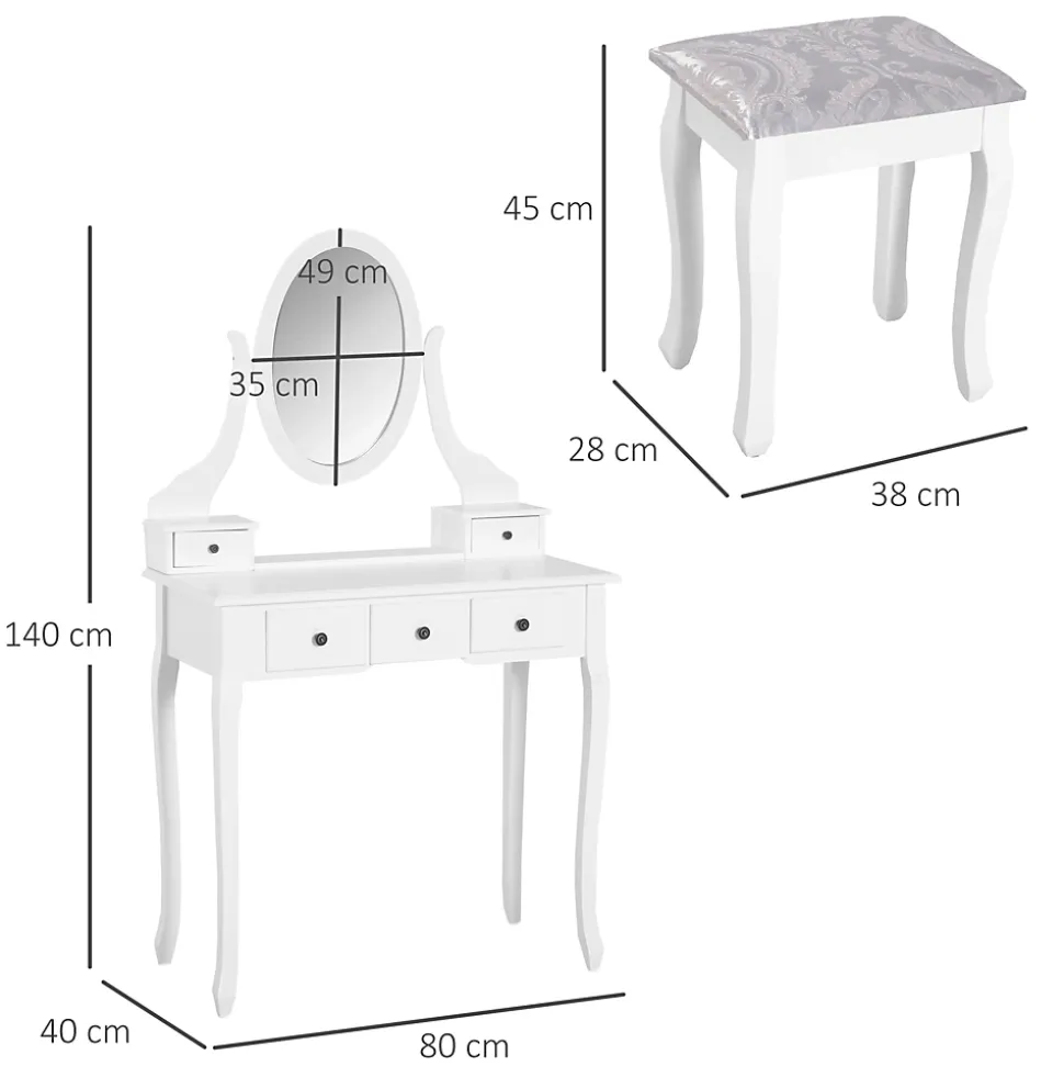 Ensemble coiffeuse et tabouret style baroque 5 tiroirs miroir ovale pivotant MDF bois blanc