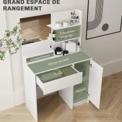 Ensemble coiffeuse miroir avec tabouret - porte, tiroir, 4 étagères, niche - blanc
