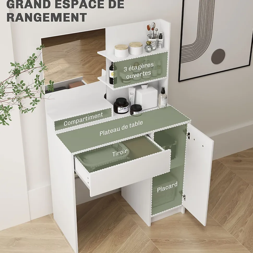 Ensemble coiffeuse miroir avec tabouret - porte, tiroir, 4 étagères, niche - blanc
