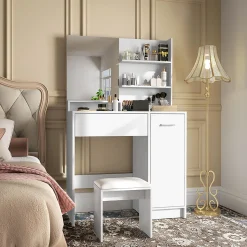 Ensemble coiffeuse miroir avec tabouret - porte, tiroir, 4 étagères, niche - blanc